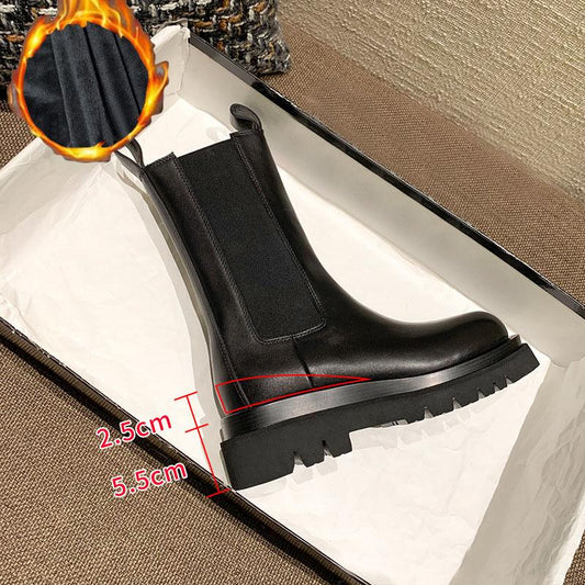 Chelsea Boots 35-43 Plus Size Thick Martin Boots Woman British Style Thick Snow Boots Cotton Boots Plus Velvet Boots Winter Boots Black Leather Boots