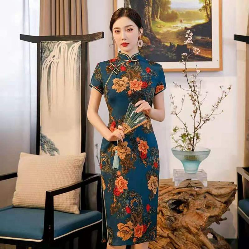 High-end Cheongsam Women's Mid-length Summer Short-sleeved Flower Luo Low Slits Retro Slim Slim Banquet Dress