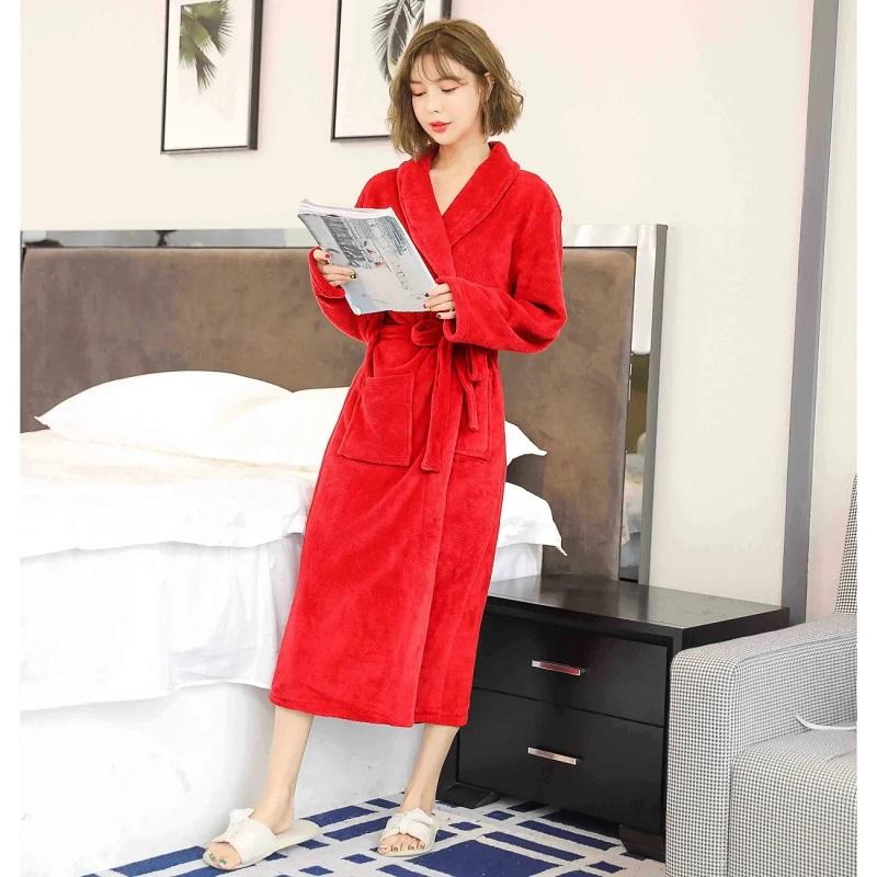 Autumn Winter Flannel Nightgown Robe Thick Long Coral Fleece Bathrobe Loose Pajama Dress Women's Winter Warm Long Sleeves Sleepwear