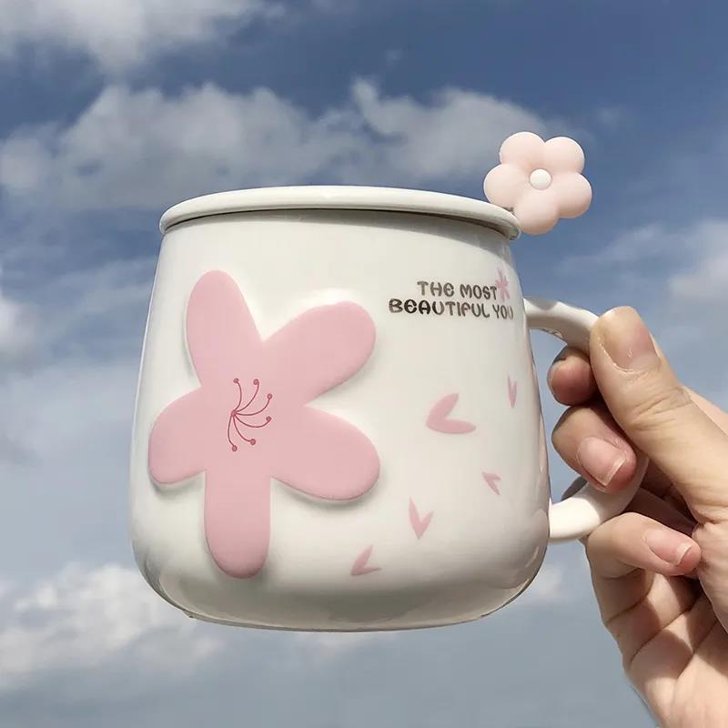 Net Celebrity Ins Cherry Blossom Ceramic Mug with Lid and Spoon Female Student High-value Korean Version of Cute Drinking Cup Home