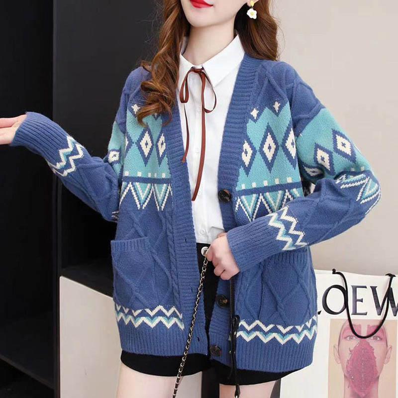 Sweater Cardigan Thickened Mid-length Spring and Autumn Loose Knit Lazy Style Jacket Women