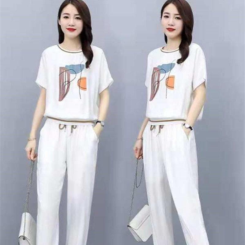 2PCS Women's Leisure Suit Summer Dress Fits Thin Sports Two-piece Short Sleeve Printed T-Shirt + Loose Pants Fitness Jogging Suit