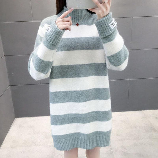 Autumn and Winter Mohair Sweater Skirt Mid-length Plus Velvet Thick Bottoming Shirt Loose Striped Women's Dress