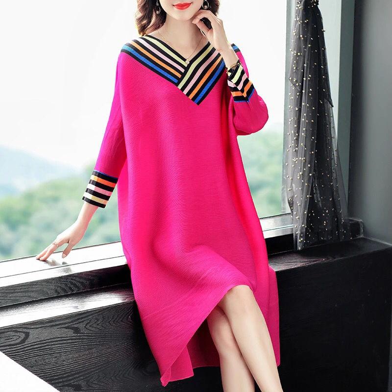 Ladies Dress V-neck Large Size Loose Solid Color Mid-length A-shaped Skirt Nine-point Sleeves