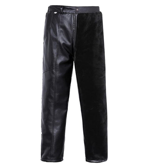 Men's Leather Pants Plus Velvet Padded Warm Winter Trousers High Waist Waterproof and Windproof Motorcycle Pants Plus Leather Elastic Waist Pants