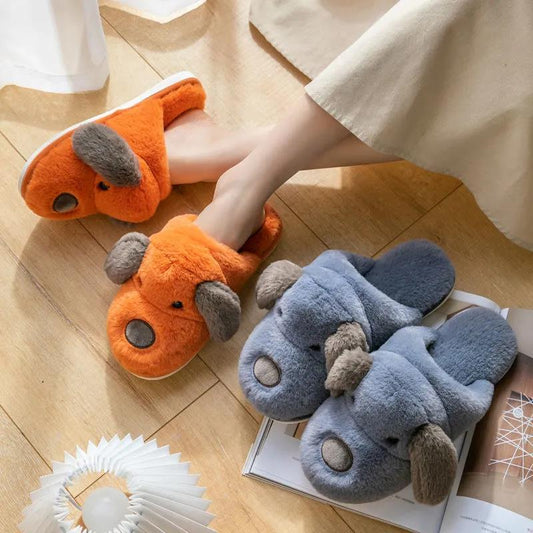 Autumn and Winter Pure Cotton Slippers Indoor Non-slip Soft-soled Shoes Keep Warm, Simple Plush Cotton Shoes Dog Head Design