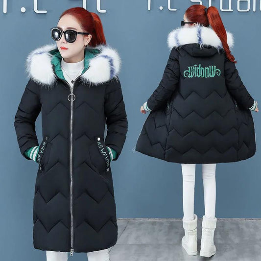 Down Jacket Winter Ladies Fashion Korean Big Fur Collar Thick Warm Hooded Mid-length Plus Size Cotton Jacket