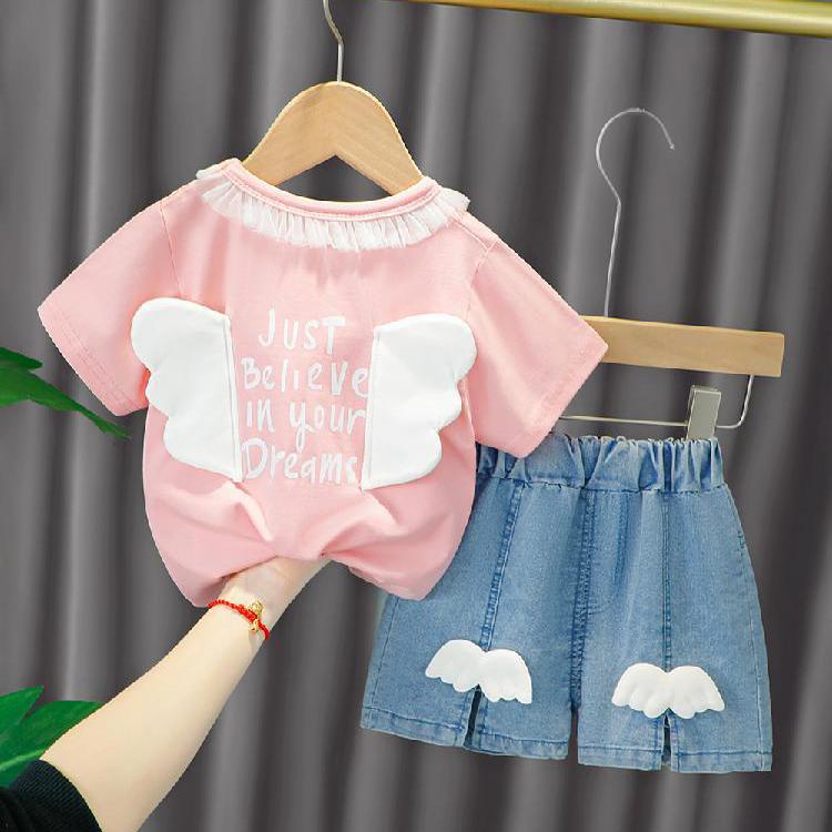 2PCS Children Clothing Set Spring Summer Baby Girls and Boys Suits Printing Short Sleeve Wing Tops + Pants Clothing Set for Girl and Boy