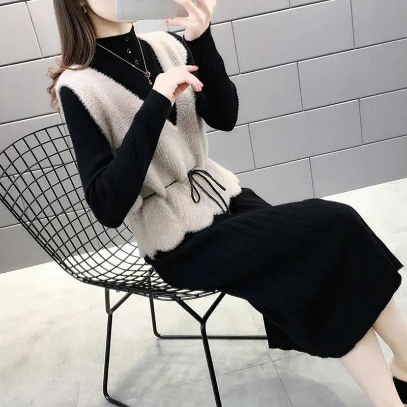 Long Sleeve Sweater Dress Spring and Autumn Waist Knitted Vest Two-piece Dress Women Mid-length Temperament Women