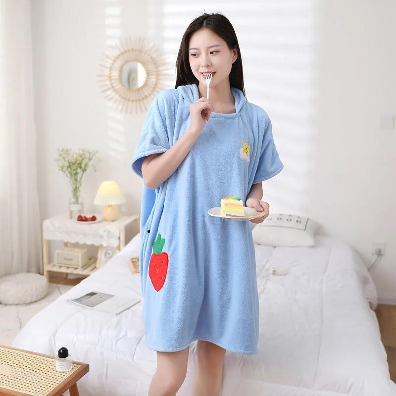 WTEMP Bath Towel Female Wearable Adult Bathrobe with Hood Cape Coral Fleece Bath Skirt Super Absorbent Home Night Gown