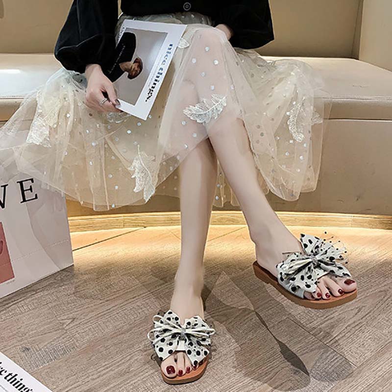 Summer New Style Flat Lace Bow Korean Female Sandals Student Versatile Non-slip Flip Flops