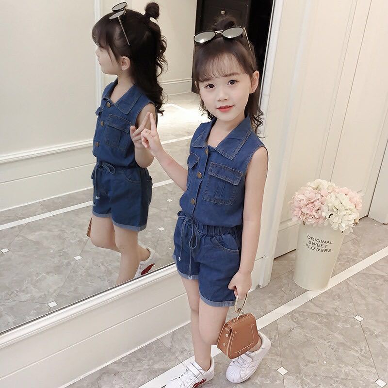 Girls Clothing Sets Summer Denim Short T-shirt+Pants Korean Style Single Breasted 2Pcs for Kids Baby Suit Cowboy Suit