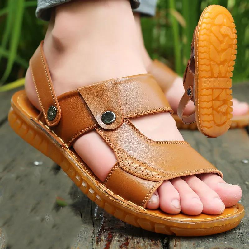 First Layer Cowhide Men's Sandals Tendon Sole Leather Beach Shoes Summer Leisure Sandals and Slippers Non-slip Soft Sole Sandals