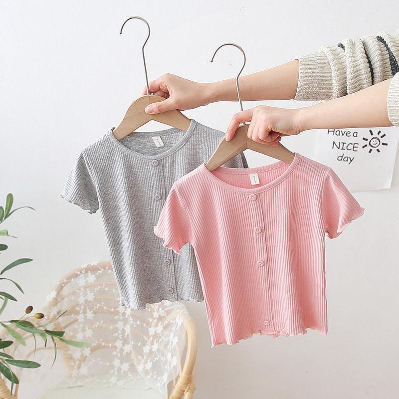 Baby Girl 2021 Summer Solid Color Short-sleeved Buttons Corrugated Kids Children's T-shirt Girls Children's T-shirt 0-4T