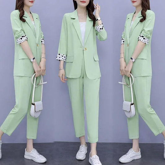 2PCS Women's Solid Color Suits Set Spring and Autumn Suit Thin Jacket + Loose Casual Pants Two-piece Large Size Fat Girl Slimming Suit