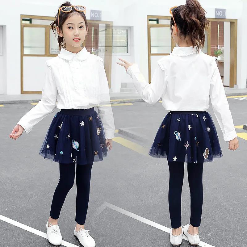 Girls' Leggings Spring and Autumn 2021 Middle and University Children Fake Two-piece Skirt Pants Outer Wear Pants