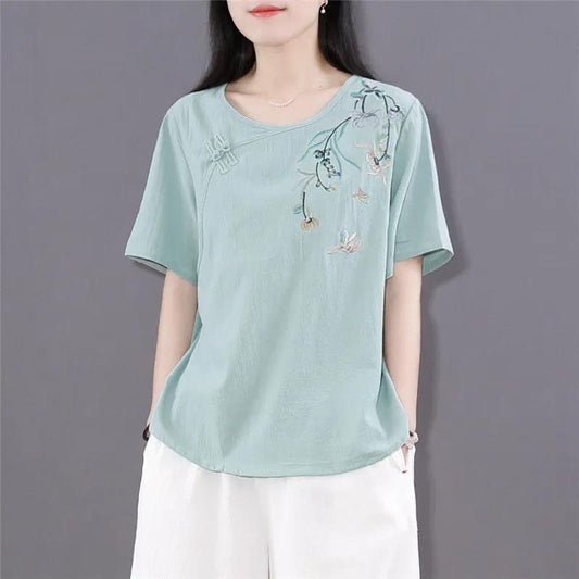 Women's Summer Embroidered Short Sleeve T-Shirt Loose All-match Round Neck Top