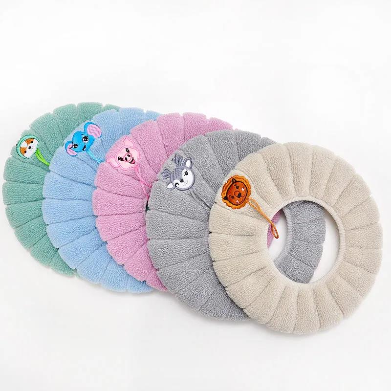 Winter Warm Toilet Seat Cover Closestool Mat 4Pcs Washable Bathroom Accessories Knitting Pure Color Soft O-shape Pad Bidet Cover