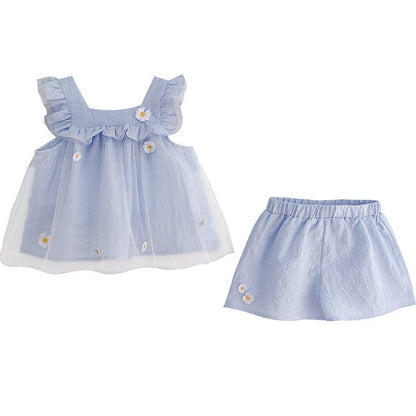 2PCS Children Clothing Set Spring Summer Girls Suits Embroidery Sleeveless Tops + Pants Clothing Set