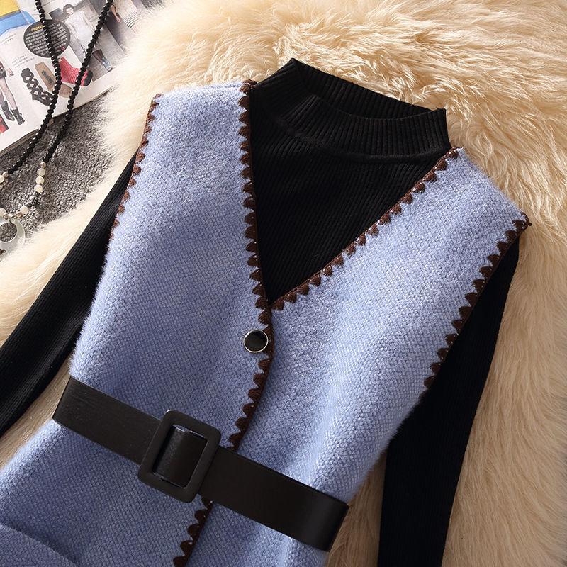 Autumn and Winter Solid Color Knitted Bottoming Shirt and Waistcoat Two-piece Set Waist Was Thinner Female Thermal Suit French Retro Style