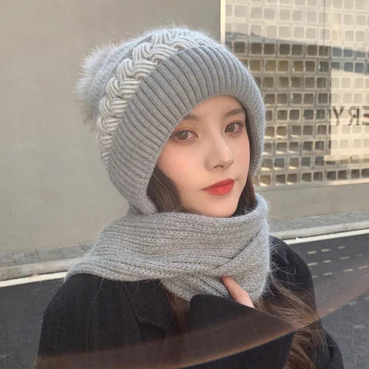 Women's One-piece Hat and Scarf Autumn and Winter Korean All-match Sweet Thick Warm Wool Knitted Hat Warm Knit Beanie Fur Pom Hat Scarf Crochet Cap