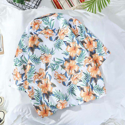 Summer Short-sleeved Shirt Retro Loose Seaside Vacation Hawaiian Flower Shirt Beach Thin Shirt