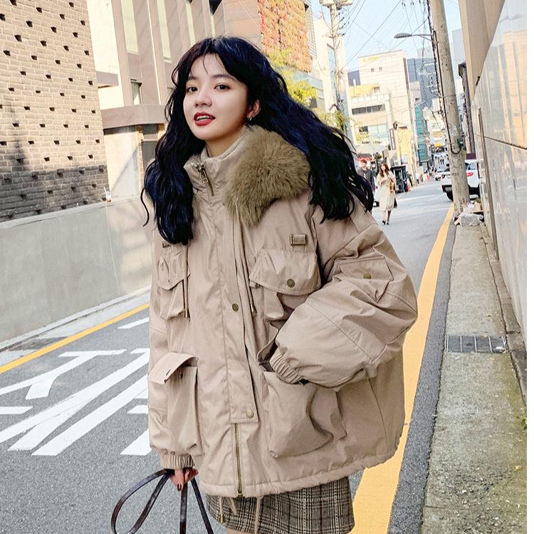 Korean Version of Loose Tooling Padded Jacket Women Short Hooded Parka Jacket Student Retro Hong Kong Style Winter Padded Jacket