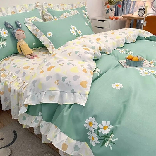 Bedding Four-piece Set Korean Version Pure Cotton Princess Style Skin-friendly Brushed Bed Sheet Quilt Cover Sheet Single Double Bedroom Bedding