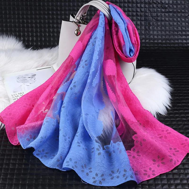 Women's Spring and Summer Two-color Gradient Silk Scarf Hollow Cut Flowers Organza Lace Gauze Scarf Shawl Long 190cm Thin Floral Neckerchief Shawl