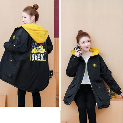 Women's Mid-length Down Jacket Winter Korean Loose Cotton Clothes Casual Hooded Padded Jacket Quilted Jacket