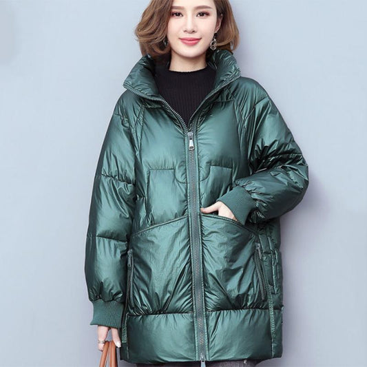 Women's Shiny Mid-length Down Jacket Winter Korean Style Loose Coat Warm Stand-collar Down Jacket