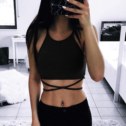 Women Cross Strap Tank Crop Tank Tops Summer Underwear Bras Off Shoulder Bralette Solid Black