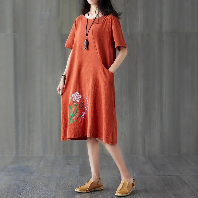 Women's Summer Cotton Hemp Loose Large Size Embroidered Dress Short Sleeve Solid Color Casual Mid-length Dress