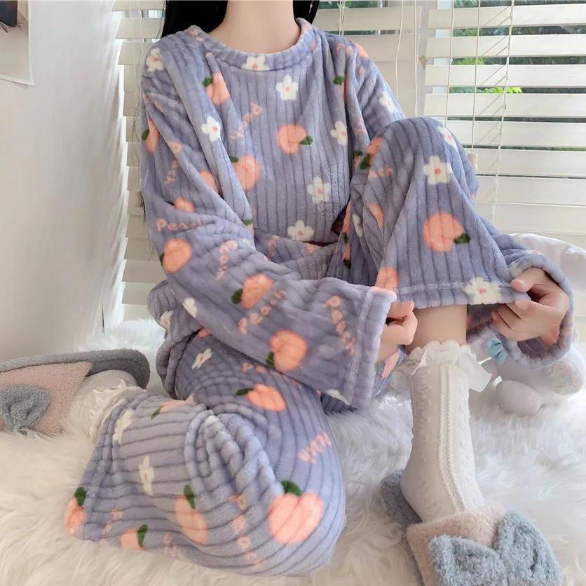 Women's Sweet Cute Peach Pajamas Two-piece Sleepwear Female Autumn and Winter Warm Flannel Home Suit