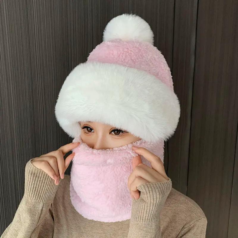 Women's Hat Autumn Winter Bib Mask Hat One Piece Ear Protection Windproof Hat Thick Warm Hat Fur Ball Cap Outdoor Riding Sports Facial Scarf Hats