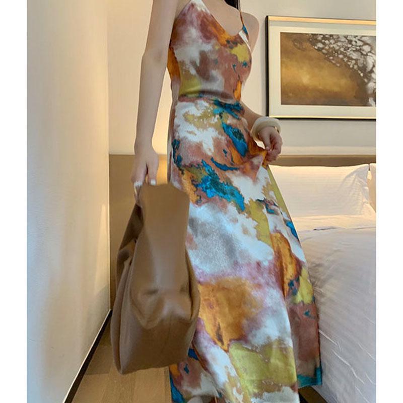 Women Sexy V Neck Maxi Dress Spaghetti Strap Dress Sleeveless Backless Long Painted Print Dress Lady Vestido