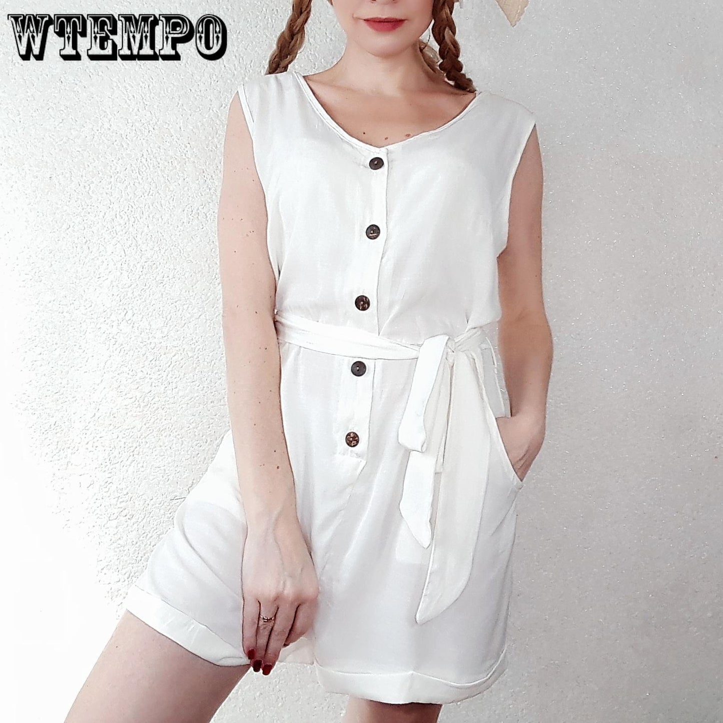 Women Short Jumpsuit V Neck Sleeveless Button Romper Elegant Tunic Short Overalls