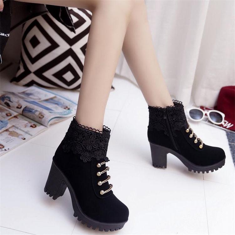 Women's Boots High-heeled Shoes Snow Boots Winter Fur Thick Ankle Boots  Plus Velvet Cotton Shoes