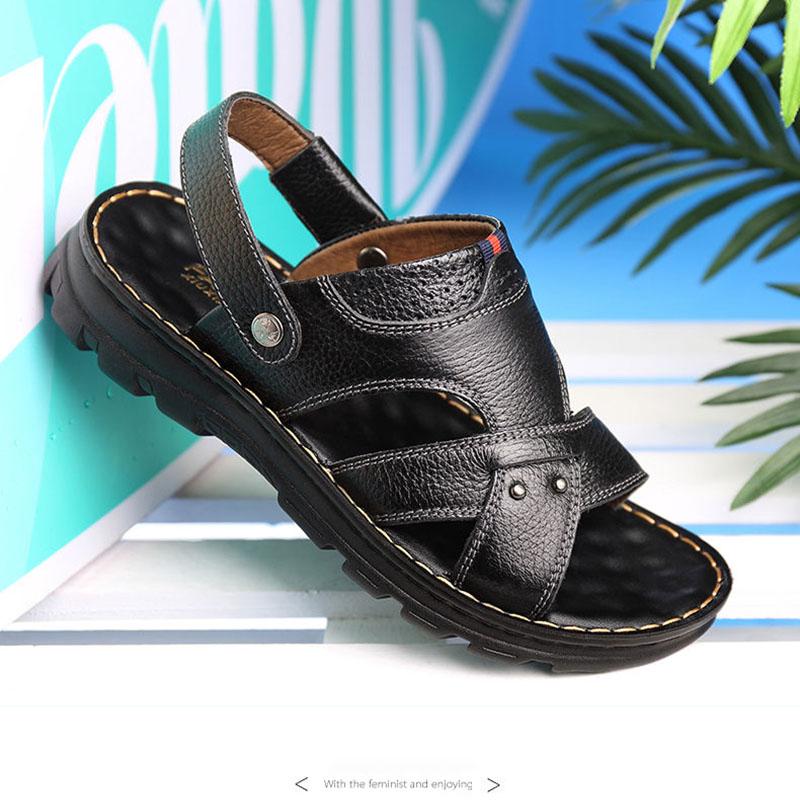 Summer Men's First Layer Soft Cowhide Sandals, Leather Beach Shoes, Casual Men's Shoes, Thick-soled Massage Slippers