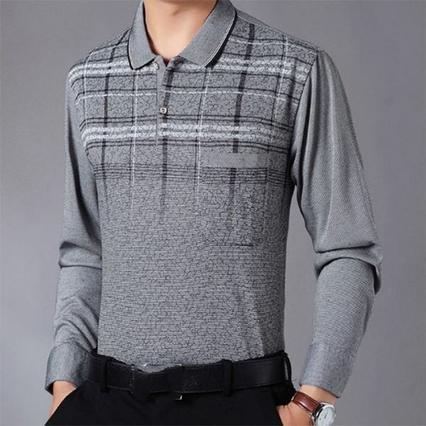 Men's Cotton Plaid Printed Polo Shirt Long-sleeved T-shirt Middle-aged Elderly Spring and Autumn Thin Tops Casual Business Lapel Shirts