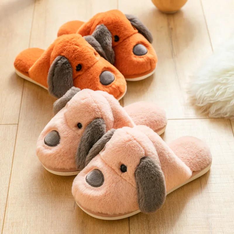 Autumn and Winter Pure Cotton Slippers Indoor Non-slip Soft-soled Shoes Keep Warm, Simple Plush Cotton Shoes Dog Head Design