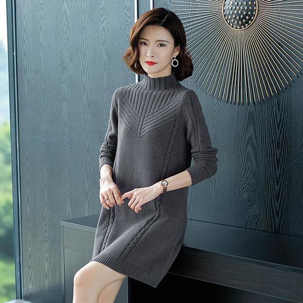 Autumn and Winter Mid-length Sweater Loose Long-sleeved Knitted Bottoming Shirt All-match Half High Collar Dress