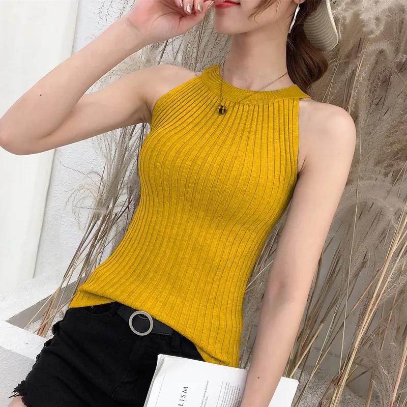 Summer Ice Silk Knitted Suspenders Plus Size Women's Bottoming Vest Solid Color Versatile Sleeveless Top Circle Neck Camis