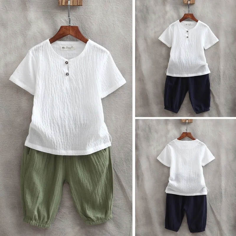 Boys Summer Cotton Linen Breathable Suit Cool and Comfortable Light Thin Solid Color Short Sleeve + Shorts Two-piece Set