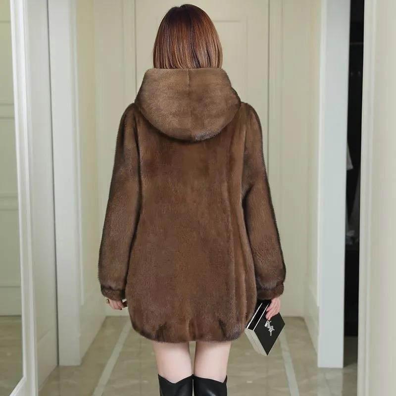 WTEMPO Winter Models of Imitation Mink Fur Coat Loose Mink Fur Coat Women's Hooded Mid-length Thickening