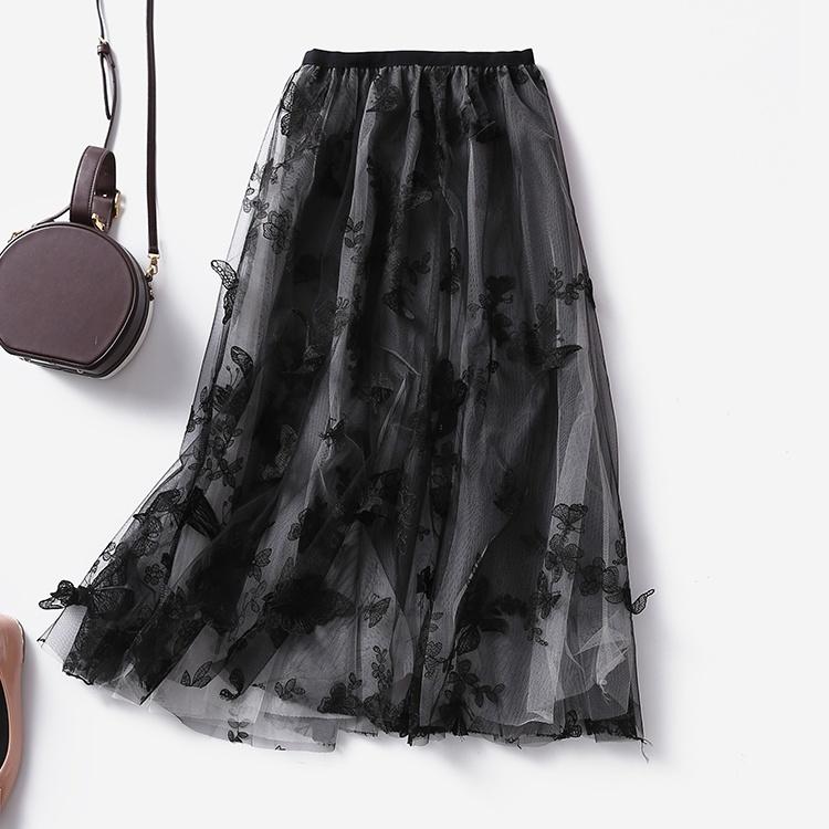 Butterfly embroidery Women Chiffon Skirt Mid-length A-line Skirt Plus Size Fairy Skirt Summer Ruffled Elastic Waist Sandy Beach Vacation Daily