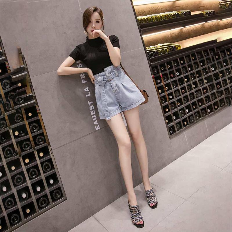 WTEMPO Belt High Waist Denim Shorts Women Wide Leg A-line Thin Curled Bottom Casual Shorts