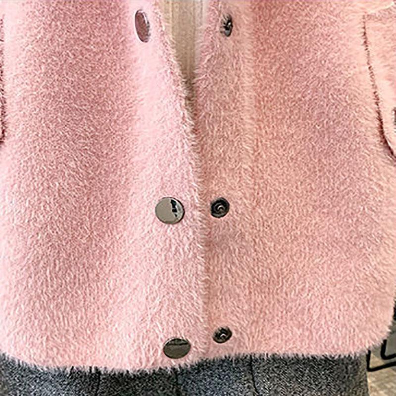 Autumn and Winter Stitching Color Letters Loose Button Short Jacket Thick Knitted Hooded Cardigan Sweater