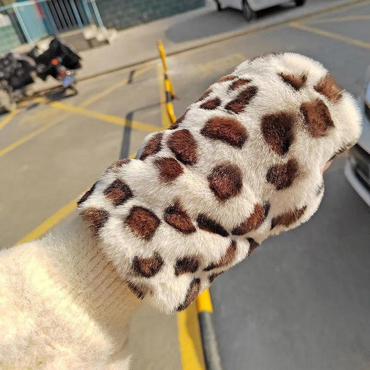 Women's Half-finger Gloves Winter Korean Style Leopard-print Faux Fur Rex Rabbit Fur Mittens Warm Thick Plush Fingerless Gloves Hand Wrist Warmer