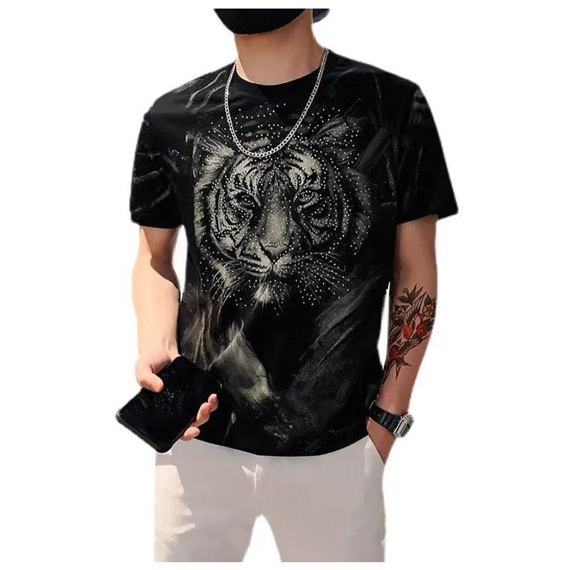 3D Tiger Print T-shirts High Street Diamond Glitter Trendy Personality Tees Summer O-neck Short Sleeve Casual Shirt Soft Tops